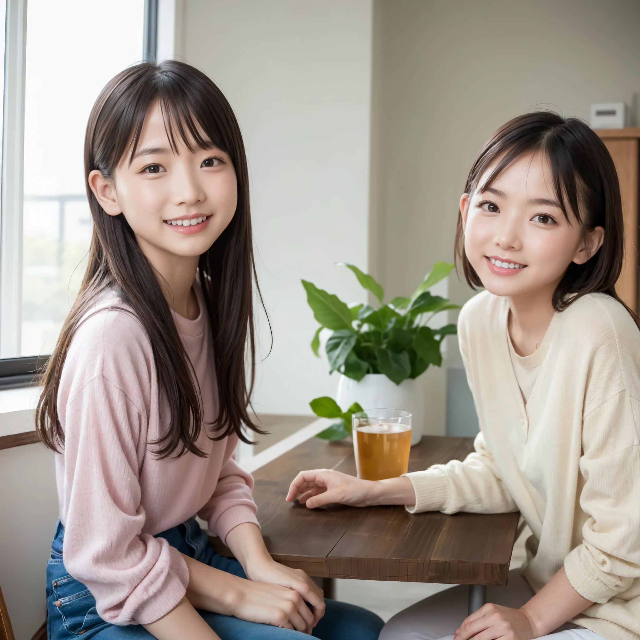 12-year-old、pretty girl、A happy smile、beautiful Background, 1 Girl、Modern building indoors、Laughing with your mouth open、ポニーテール、平らな胸、