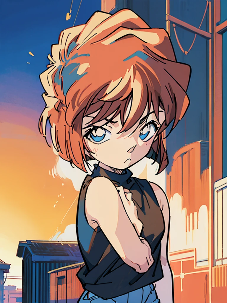 masterpiece, best quality, beautiful face, (street, upper body:1.4), anime style, (1girl in, Solo:1.0), (Haibara Ai), ((Short pants)), (((Big eyes))), (Cute anime girl head), (flat chest),looking at viewer,With a height of 100cm, shoot from front, (head shot), Simple line minimalism, Abstract Art, vivid color
