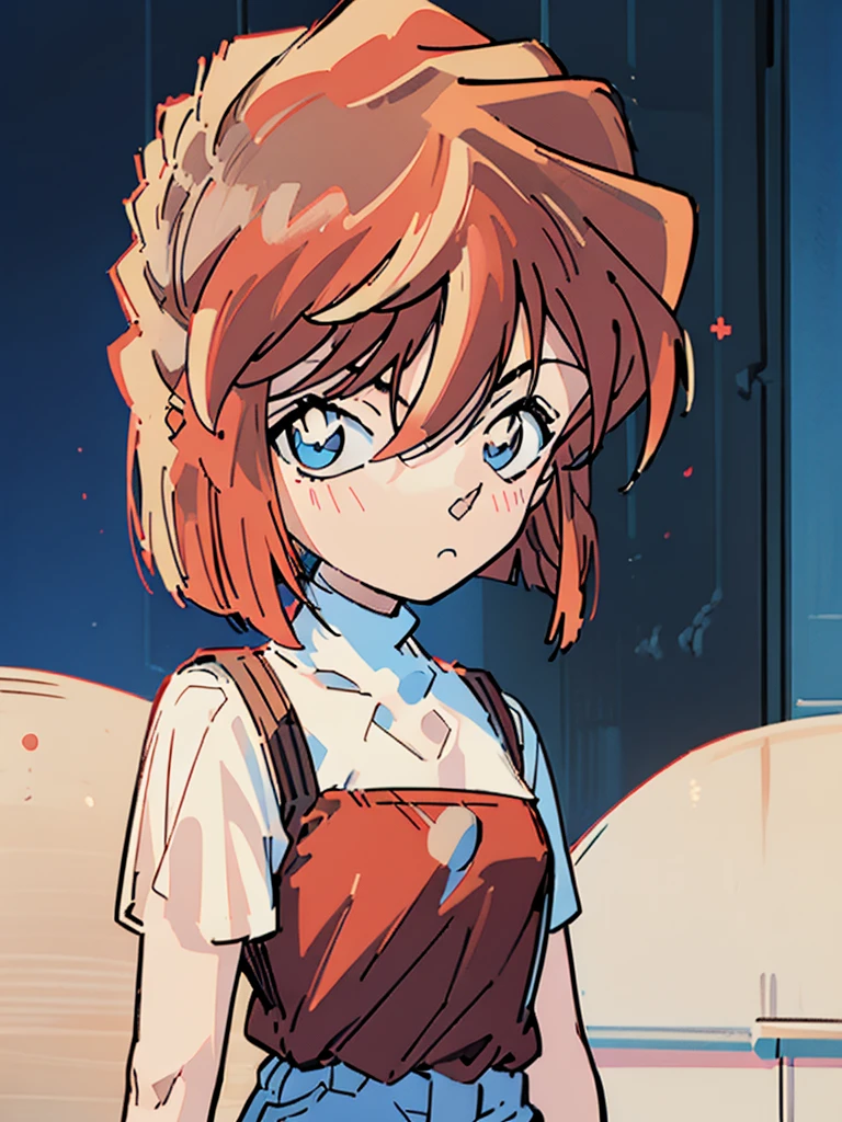 masterpiece, best quality, beautiful face, (street, upper body:1.4), anime style, (1girl in, Solo:1.0), (Haibara Ai), ((Short pants)), (((Big eyes))), (Cute anime girl head), (flat chest),looking at viewer,With a height of 100cm, shoot from front, (head shot), Simple line minimalism, Abstract Art, vivid color