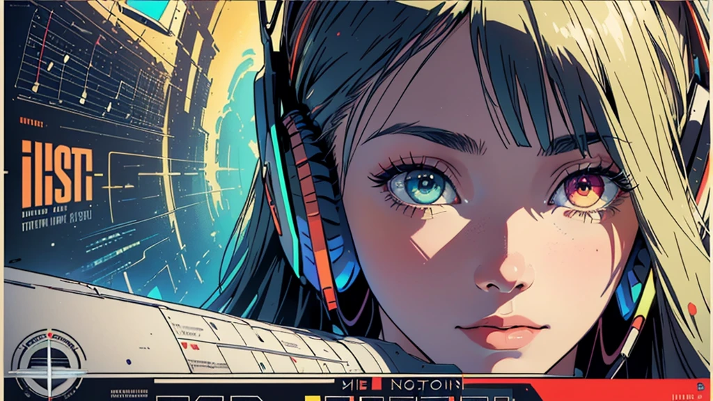 (((masterpiece, Highest quality))),(((alone:1.2))),(((One girl:1.2))),32K Wallpapers, Very detailed, Poster, Vintage science fiction, 1960s,(((((geometric cinematic Music poster))))), (futuristic), shape,(((Plane composition))), Midcentury Modern, movie Poster, Vintage, Perfect Lady,1970s, Halftone, Speech bubble,(((portfolio,close))),(((Different angles))),(((breast enhancement))),((highlight)),Vast landscape,((((Heterochromia iridis)))),(((completion. Detailed face))),(((Very talented))),(((Wearing headphones))),((Overall colorful))