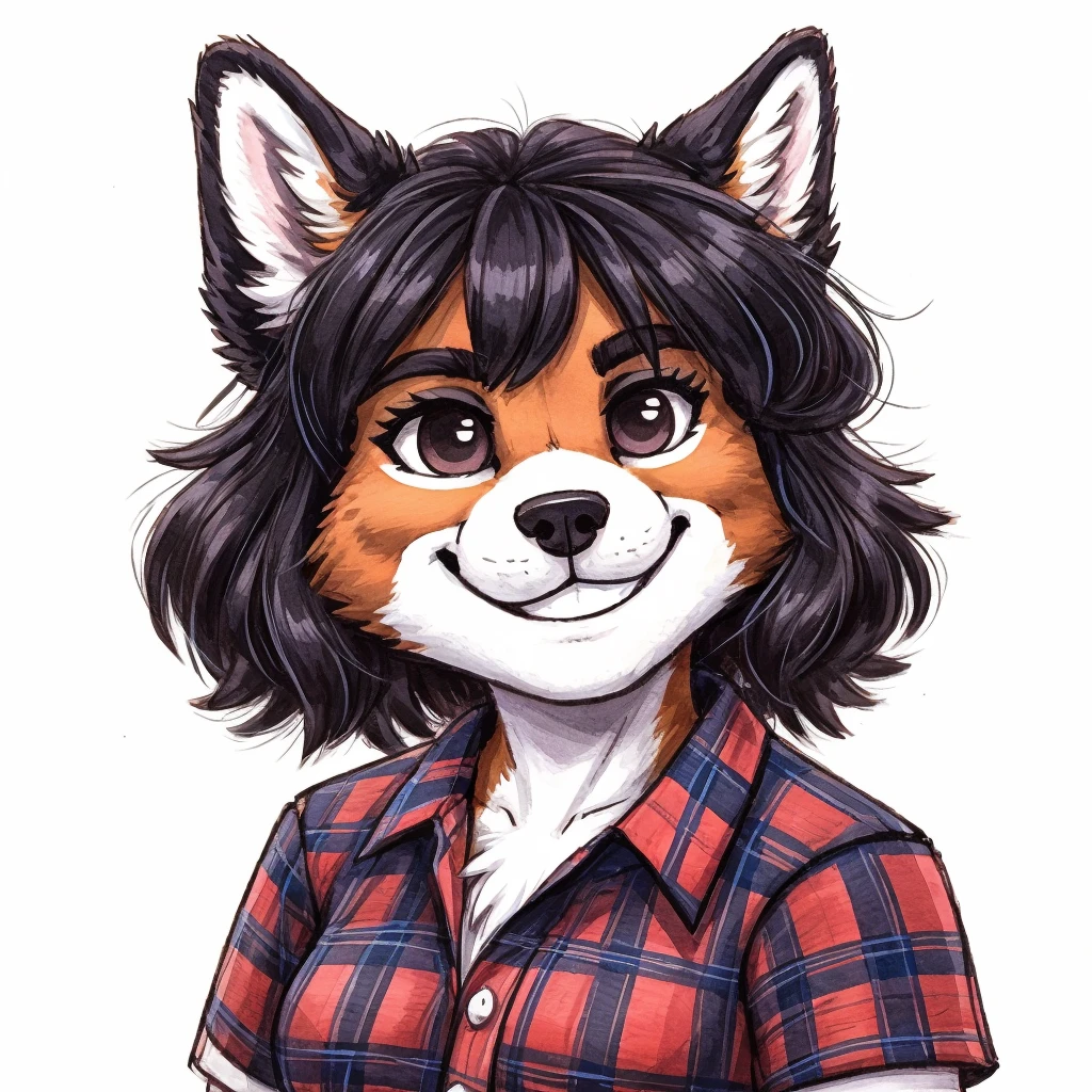 headshot of a anthropomorphic black and white Lapinkoira, female dog, she has dark hair, she's dressed with a lumberjack shirt, closed smile, chibi style, high quality furry art.