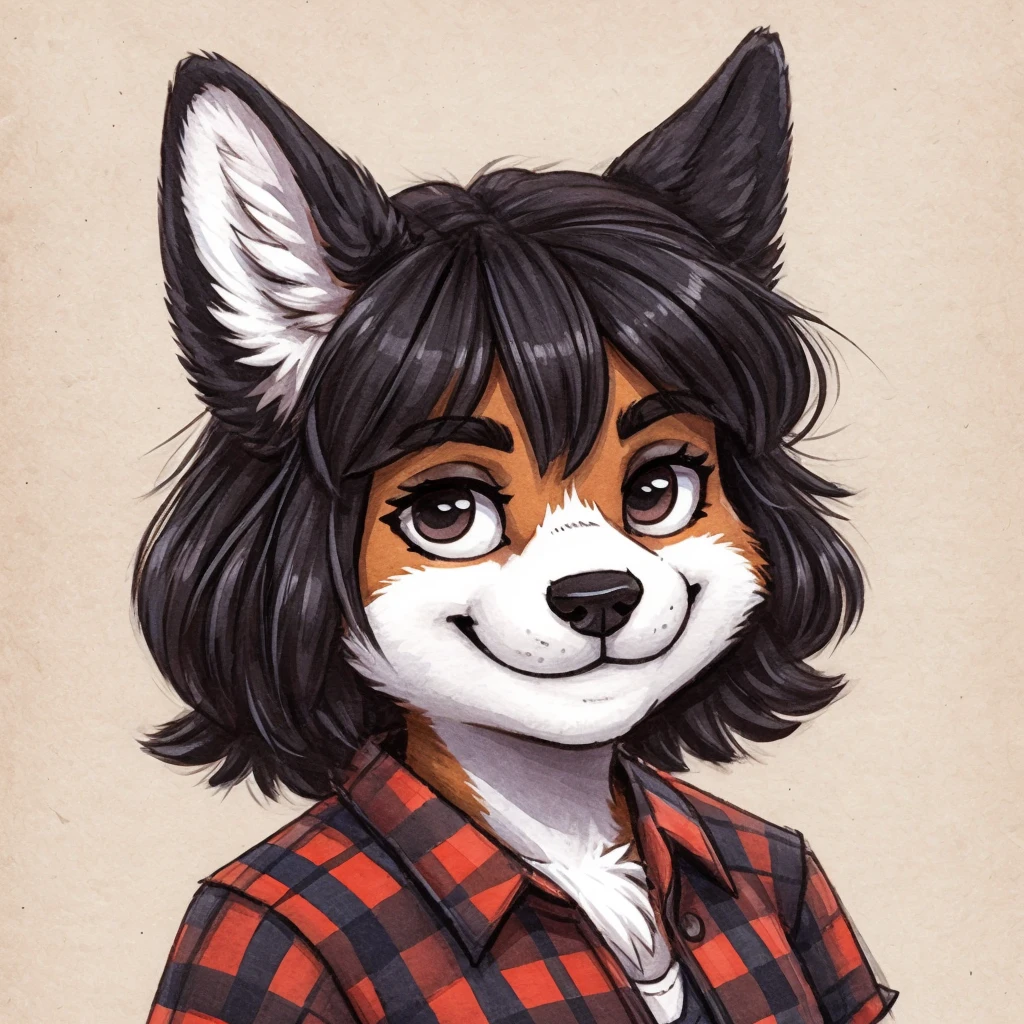 headshot of a anthropomorphic black and white Lapinkoira, female dog, she has dark hair, she's dressed with a lumberjack shirt, closed smile, chibi style, high quality furry art.