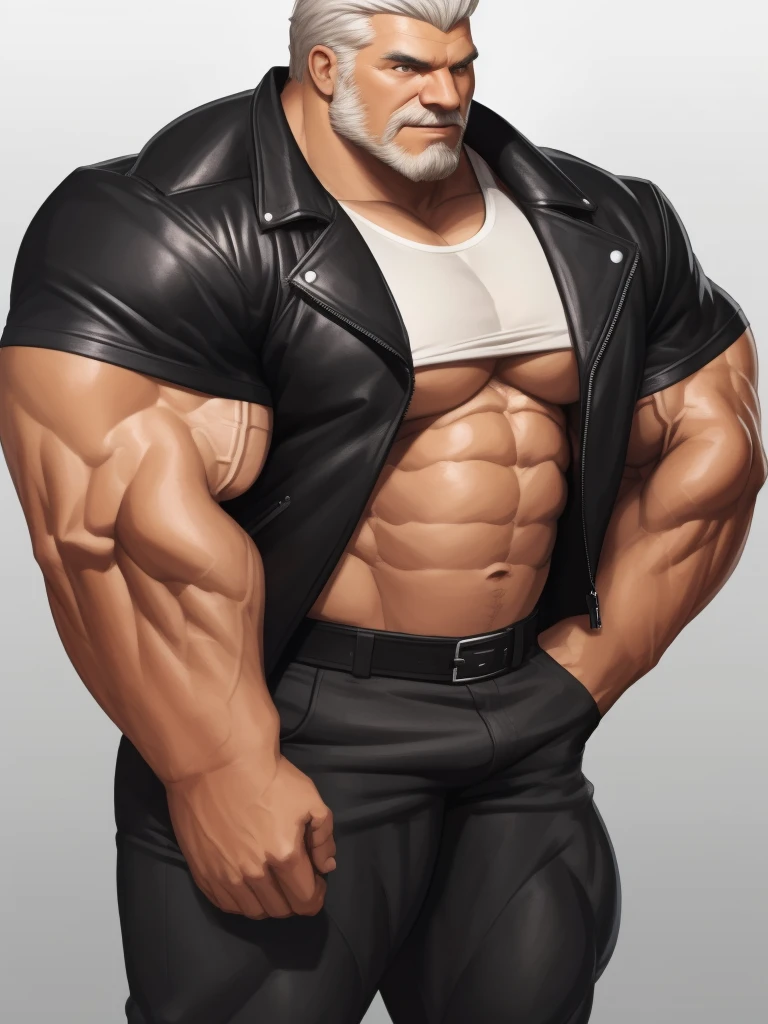 solo, 1boy, perfect anatomy, perfect proportion. Huge Muscular Old man (wearing black leather jacket and white tshirt, open jacket, black pants), short white hair, simple background, masterpiece, semirealis:1.2, high detailed, 8k, high resolution, perfect center, full view. ((sixpack, thick arms, wide pectoral, huge muscle, huge pectoral, wide pectoral))