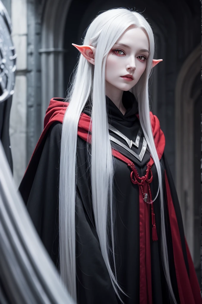 A pale elf woman with crimson red eyes with a black hooded cloak and silver hair