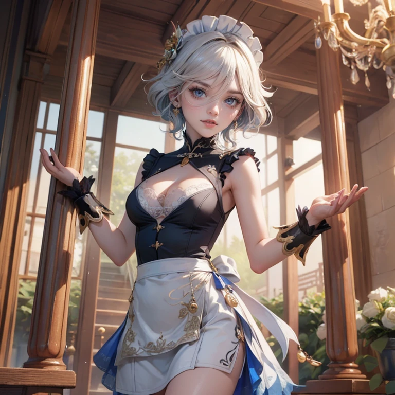 1girl, white roses, ornament hair, white roses on her hair, perfectly body, perfectly hands, white hair, blue hair, wave hair, long hair, ornament hair, long hair, garden scenery, shrine, chinese lantern, Looking at the viewer, flowing hair, Beautiful Eyes, Plump and glossy lips, firefly in the air, maid, maid dress, maid headdress, maid apron, white dress with too many frills, black dress, blue laces, white Short skirt, Drape clothes, blue gem, Lace trim, chinese festival, festival with fireworks, luxury gold details, garden, gold jewelry, more details, best quality, night, Big sparkling eyes, blushing, white Striped Lace Stockings, blue Lolita skirt, sparkle, solo, centered girl, chinese temple, cowboy shot, upper body portrait, perfectly body, perfectly hands, fireflies in the air, two arms, two legs, two hands, five fingers, perfect anatomy, glowing hair, white roses, maid, maid dress, dress, solo, flowing hair, floating hair, ornament hair, perfectly body, perfectly hands, on the temple, sparkles, more details on her clothes, white dress with transparency, golden details on her dress, night, shrine, ((4k, masterpiece, top-quality)), 8k, best quality, high resolution, UHD, (illustration:0.8), super cute girl, delicate and beautiful face, mature girl, super cute hairstyle, (beautiful detailed eyes:1.6), extremely detailed face, perfect lighting, extremely detailed CG, (perfect hands, perfect anatomy), Best quality, cleavage, small skirt, full Body, two arms, two legs, two hands, five fingers