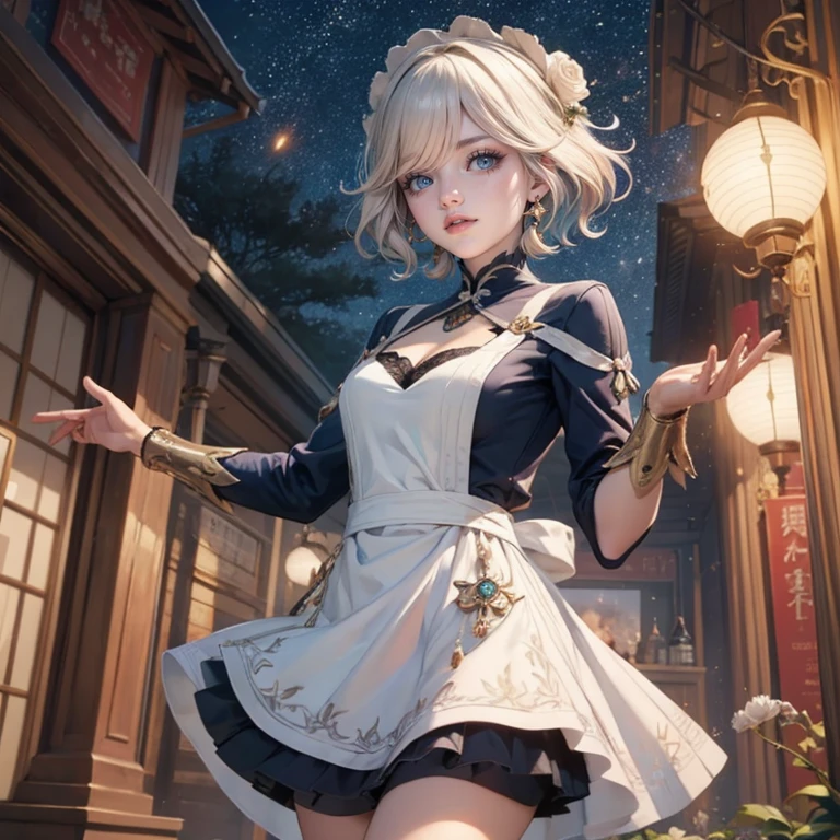 1girl, white roses, ornament hair, white roses on her hair, perfectly body, perfectly hands, white hair, blue hair, wave hair, long hair, ornament hair, long hair, garden scenery, shrine, chinese lantern, Looking at the viewer, flowing hair, Beautiful Eyes, Plump and glossy lips, firefly in the air, maid, maid dress, maid headdress, maid apron, white dress with too many frills, black dress, blue laces, white Short skirt, Drape clothes, blue gem, Lace trim, chinese festival, festival with fireworks, luxury gold details, garden, gold jewelry, more details, best quality, night, Big sparkling eyes, blushing, white Striped Lace Stockings, blue Lolita skirt, sparkle, solo, centered girl, chinese temple, cowboy shot, upper body portrait, perfectly body, perfectly hands, fireflies in the air, two arms, two legs, two hands, five fingers, perfect anatomy, glowing hair, white roses, maid, maid dress, dress, solo, flowing hair, floating hair, ornament hair, perfectly body, perfectly hands, on the temple, sparkles, more details on her clothes, white dress with transparency, golden details on her dress, night, shrine, ((4k, masterpiece, top-quality)), 8k, best quality, high resolution, UHD, (illustration:0.8), super cute girl, delicate and beautiful face, mature girl, super cute hairstyle, (beautiful detailed eyes:1.6), extremely detailed face, perfect lighting, extremely detailed CG, (perfect hands, perfect anatomy), Best quality, cleavage, small skirt, full Body, two arms, two legs, two hands, five fingers