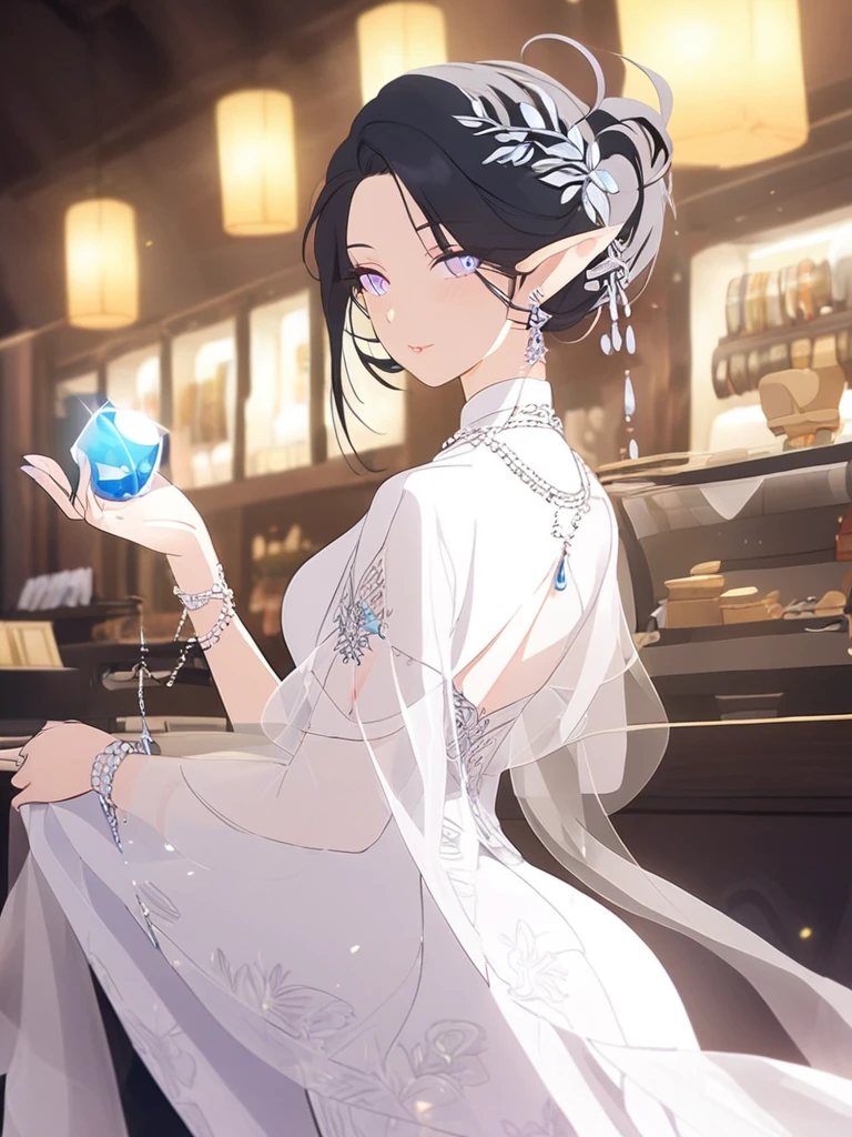 1 woman, jeweler, elf, black hair, smooth, elegant hairstyle, Ice gem-colored eyes, elegant white, elegant, Traditional Thai dress,