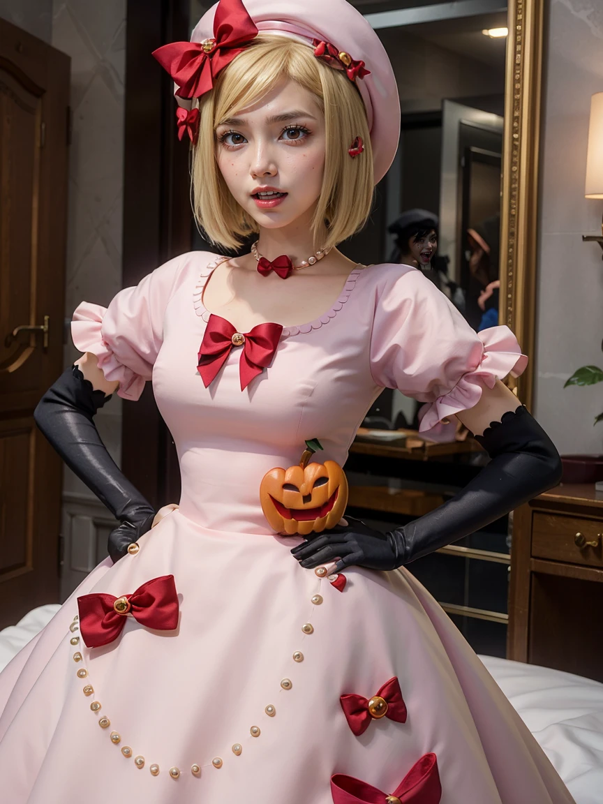 (1 lady), The beautiful, (Best quality at best:1.4), (ultra - detailed), (extremely detailed CG unified 16k), gold blonde hair, very detailed, High-definition RAW color photo, professional photoshooting, amazing face and scarlet red eyes, cosmetics, (amazingly beautiful girl), ((lambdadelta, tall adult woman, taller)), ((dress, red bow, pink hat, necklace, gloves, pearl, pink dress)), standing, realistic cinematic face, photo portrait, upper body (shoulders to head), photorealistic, ((realistic natural blonde hair style, scarlet red eyes)), gorgeous, extremely beautiful face, perfect model beauty, pout mouth, flirting smile, cleavages, city girl, western, (masterpiece), best quality, high resolution, extremely detailed, blurred background, depth of field, cinematic lighting, clear and well-cared skin, jack-o'-lantern on dress, in Moscow