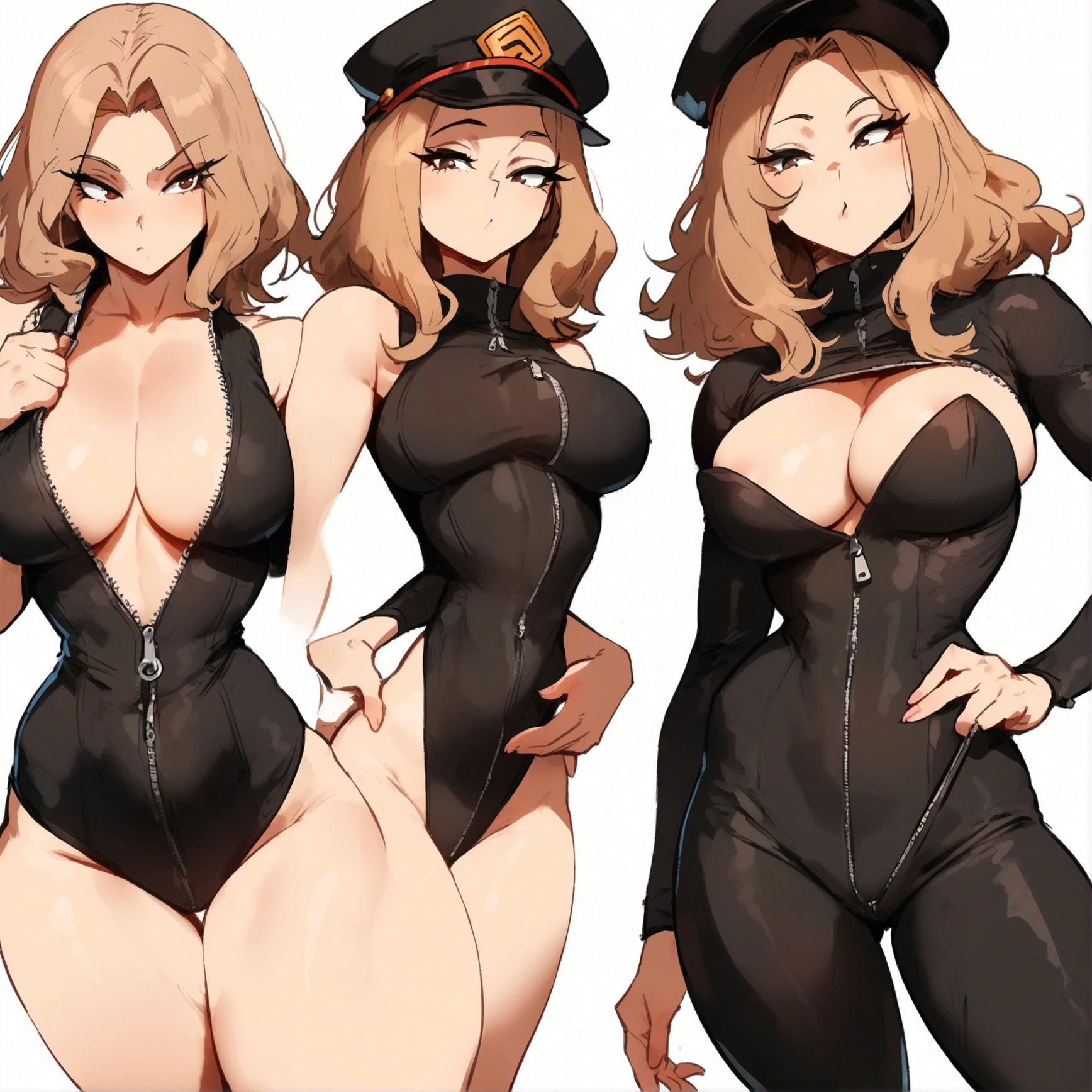 1girl, utsushimi kemii, boku no hero academia \\\\\ masterpiece, best quality, very aesthetic, absurdres, newest \\\\\\ slim body,///// by dodok,by nyantcha,cutesexyrobutts , by khyle,,//////light brown hair , cap, black catsuit . white background, simple background, dark brown eyes, zipper running down the middle, left slightly down to reveal her cleavage, the cover of a porn magazine, her hand running down a zipper