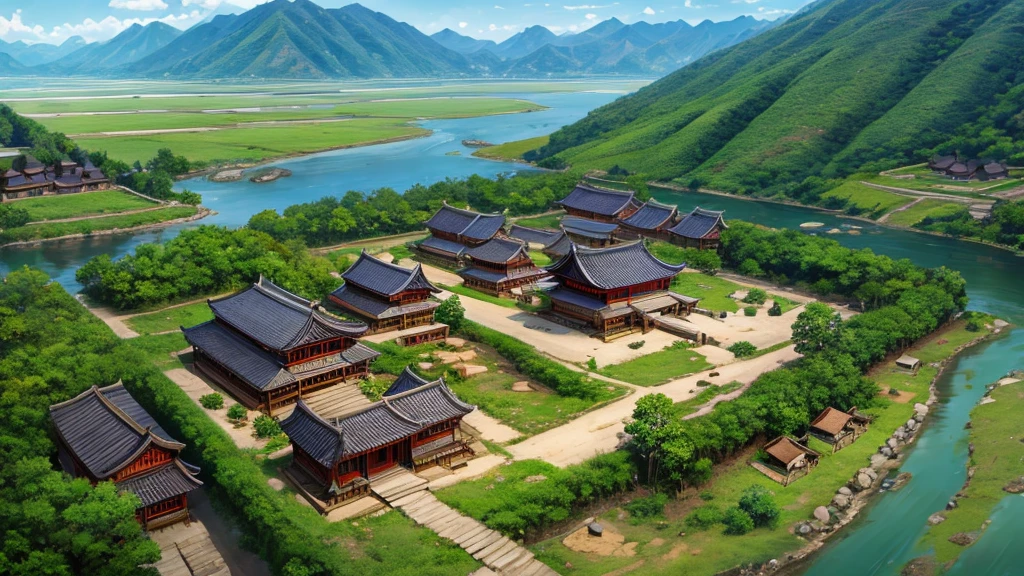Asian ancient village seen from above, There are rivers, There are mountains, Photorealistic photos, 8K