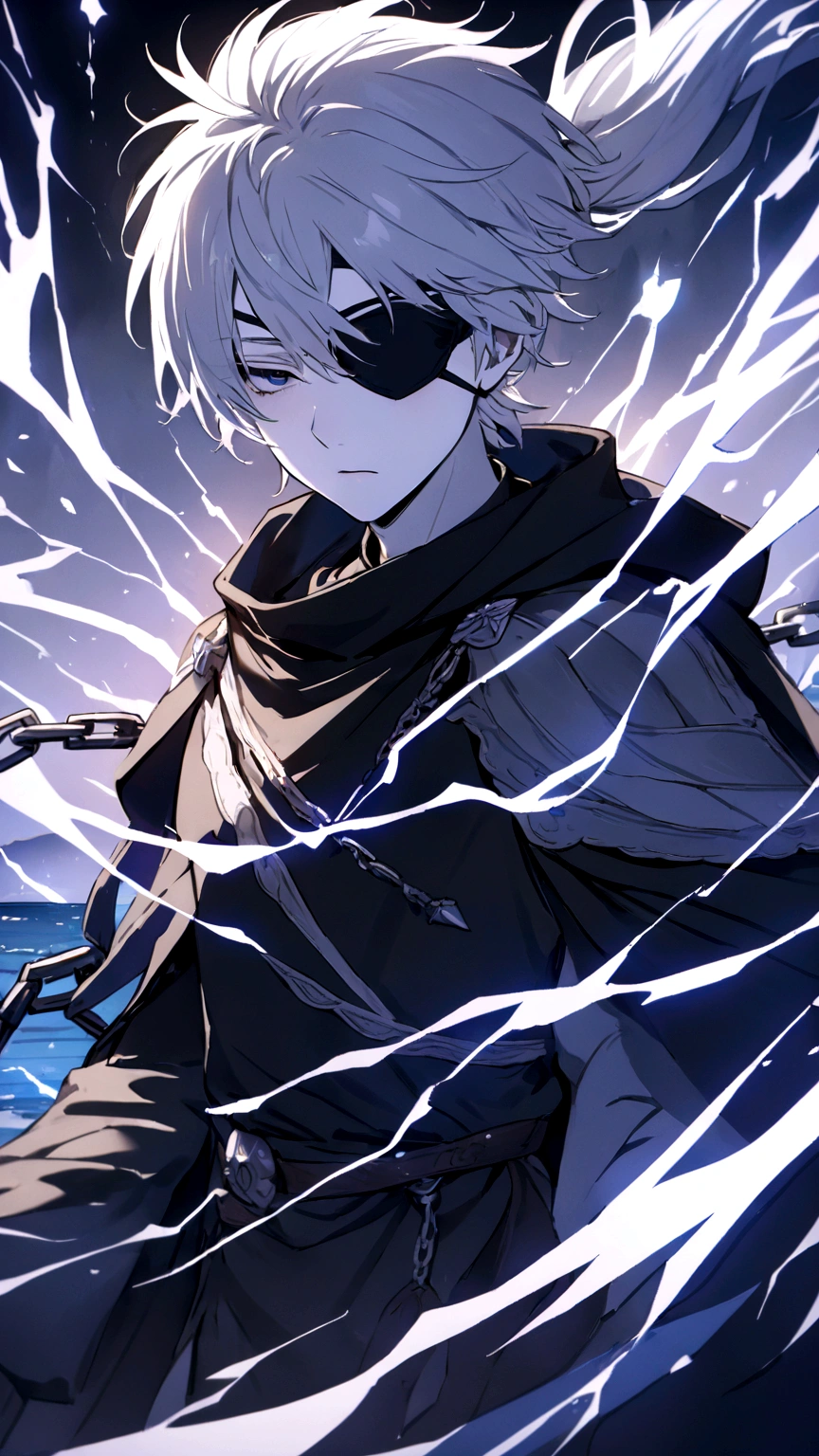 Anime character, a man, medieval era. Young man, 20 years old, large body, cold gaze, cold expression, white skin, short messy gray hair, ponytail, left eye patch, black clothes, black shirt, dark cape with hood, chains. frontal camera. Walking in a sea of ​​blood. Three moons shining high in the sky, purple, red and blue. White electricity emanating from his body, black electricity emanating from his left hand. Right eye shining in a white ray. Thunderous white lightning. (best quality, 4k, 8k, high resolution, masterpiece: 1.2), vibrant, ultra-detailed colors, chiaroscuro lighting, dramatic pose, intricate details, fantasy, mystical, powerful