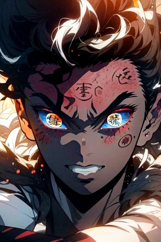 Realistic, (masterpiece, top quality, best quality, official art), very detailed, colorful, most detailed, long yellow hair, (glowing blue eyes), mysterious, (magic), sexy man, demon, blood, oni, Kimetsu no Yaiba, eyes with upper moon number, anime Demon Slayer, japonese, kimono, evil expression, blood power