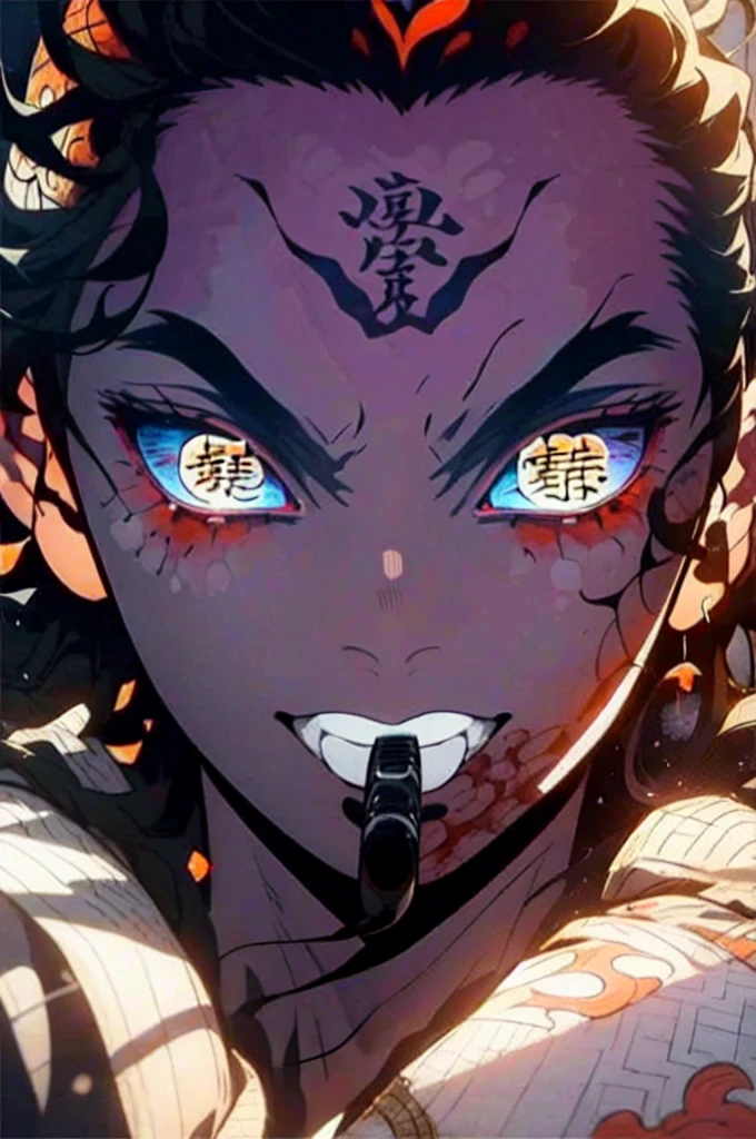 Realistic, (masterpiece, top quality, best quality, official art), very detailed, colorful, most detailed, long yellow hair, (glowing blue eyes), mysterious, (magic), sexy man, demon, blood, oni, Kimetsu no Yaiba, eyes with upper moon number, anime Demon Slayer, japonese, kimono, evil expression, blood power