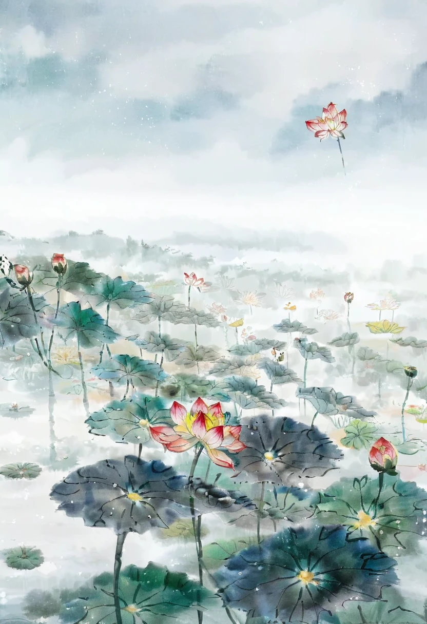 Chinese painting,Traditional Chinese ink painting,Lotus,lotus,小鸟坐在lotus盘上,粉色的Lotus,Painting,The background is landscape