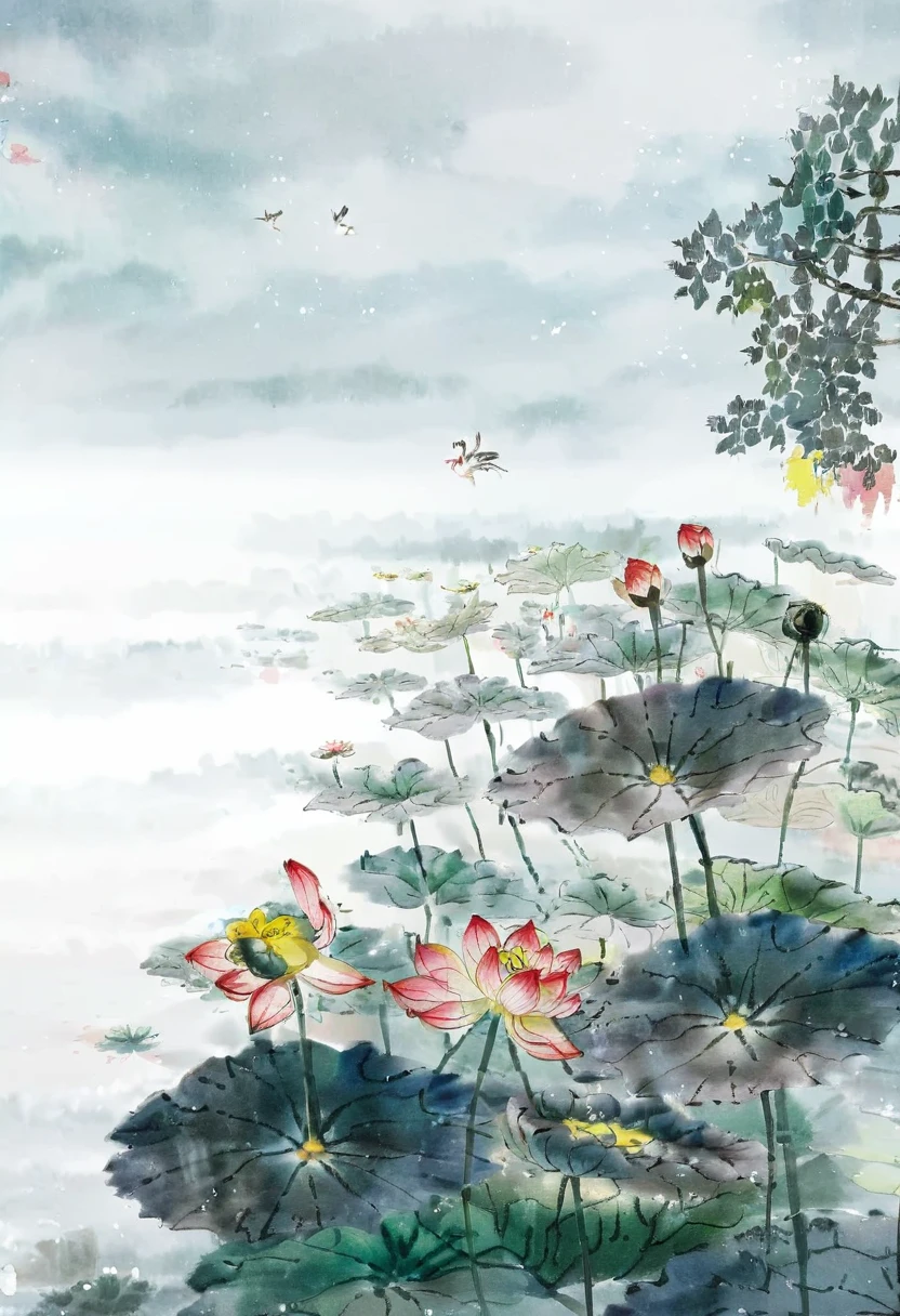 Chinese painting，Traditional Chinese ink painting，Lotus，lotus，小鸟坐在lotus盘上，粉色的Lotus，Painting，The background is landscape