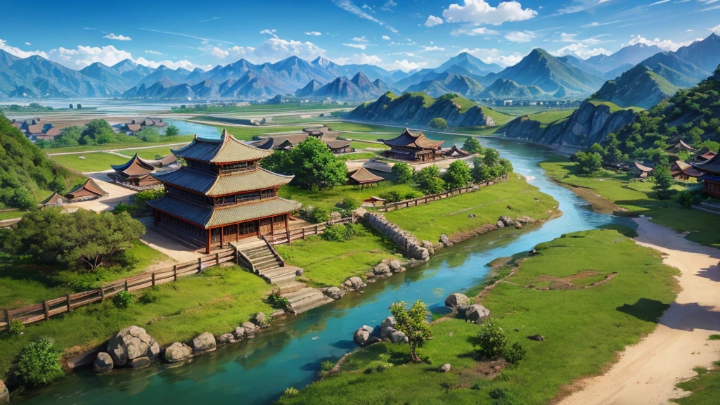 Asian ancient village seen from above, There are rivers, There are mountains, Photorealistic photos, 8K