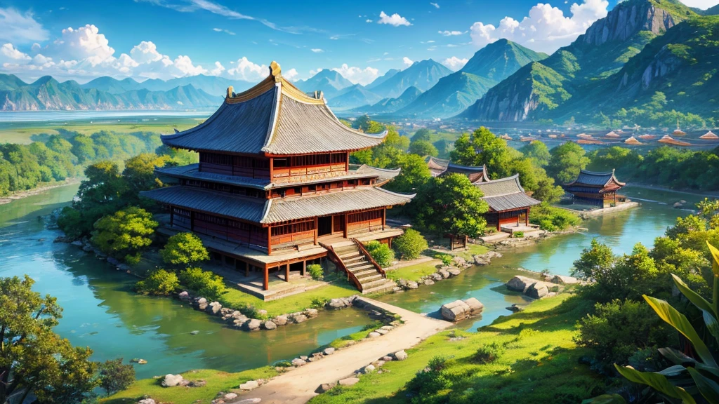 Asian ancient village seen from above, There are rivers, There are mountains, Photorealistic photos, 8K