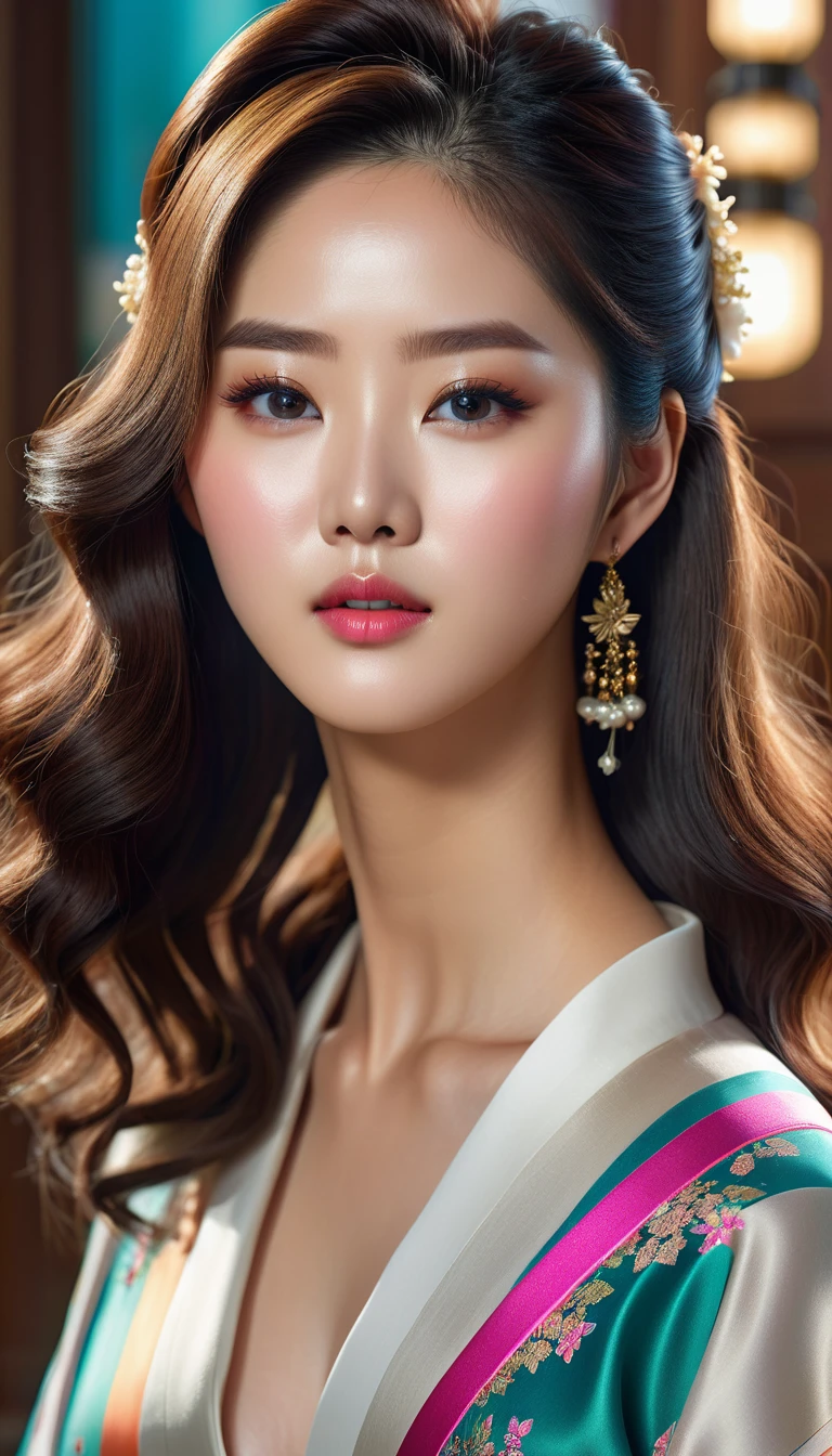 a beautiful korean idol, detailed realistic portrait, flawless skin, mesmerizing eyes, lush lips, elegant hairstyle, gorgeous facial features, natural lighting, photorealistic, cinematic composition, vibrant colors, sharp details, 8k, high resolution, masterpiece, award-winning digital art