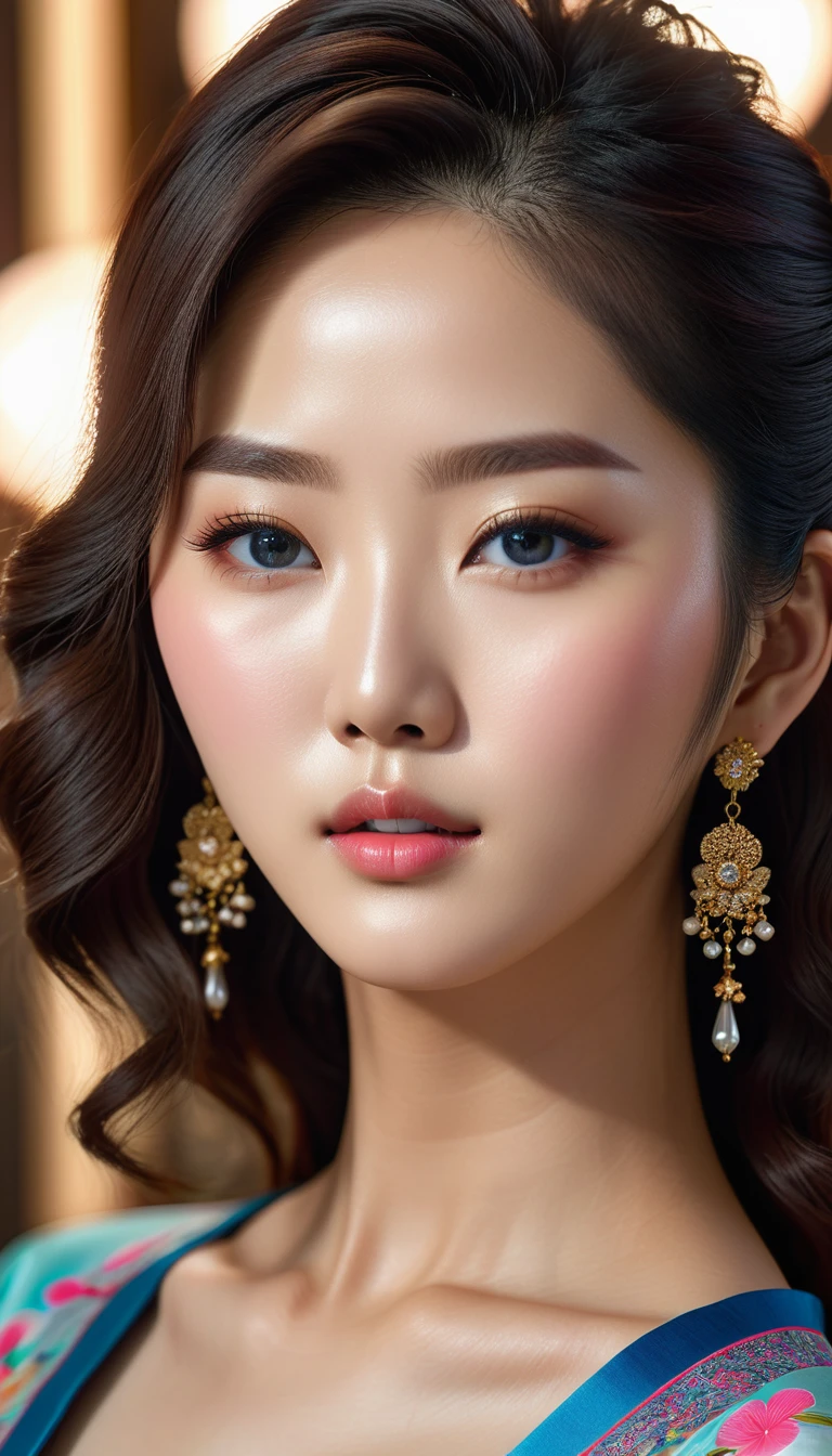 a beautiful korean idol, detailed realistic portrait, flawless skin, mesmerizing eyes, lush lips, elegant hairstyle, gorgeous facial features, natural lighting, photorealistic, cinematic composition, vibrant colors, sharp details, 8k, high resolution, masterpiece, award-winning digital art