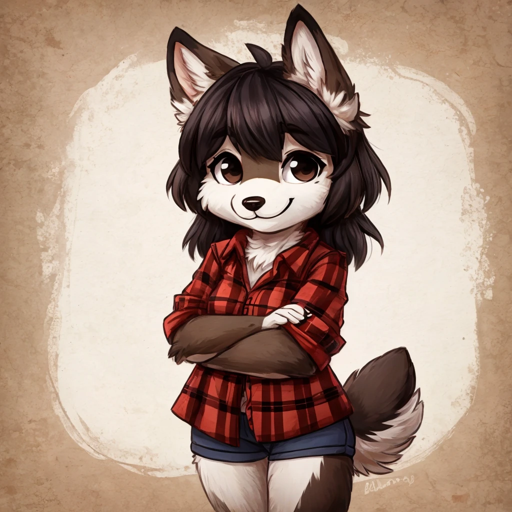 a cute and anthropomorphic black and white fur, Lapinkoira, female dog, she has dark hair, she's dressed with a lumberjack shirt, closed smile, chibi style, high quality furry art.