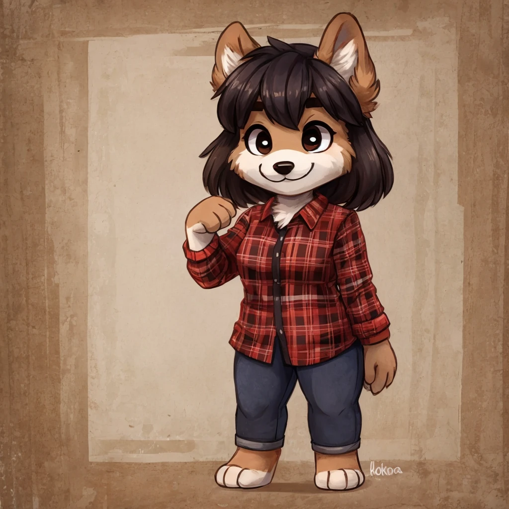 a cute and anthropomorphic black and white fur, Lapinkoira, female dog, she has dark hair, she's dressed with a lumberjack shirt, closed smile, chibi style, high quality furry art.