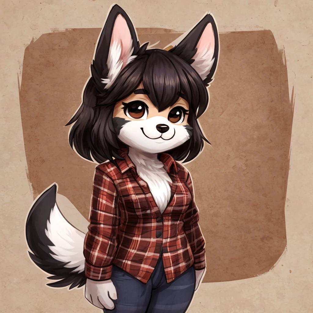 a cute and anthropomorphic black and white fur, Lapinkoira, female dog, she has dark hair, she's dressed with a lumberjack shirt, closed smile, chibi style, high quality furry art.