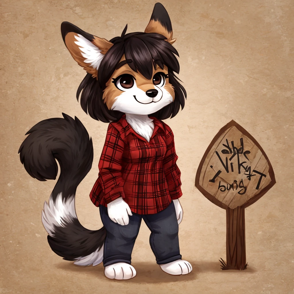 a cute and anthropomorphic black and white fur, Lapinkoira, female dog, she has dark hair, she's dressed with a lumberjack shirt, closed smile, chibi style, high quality furry art.