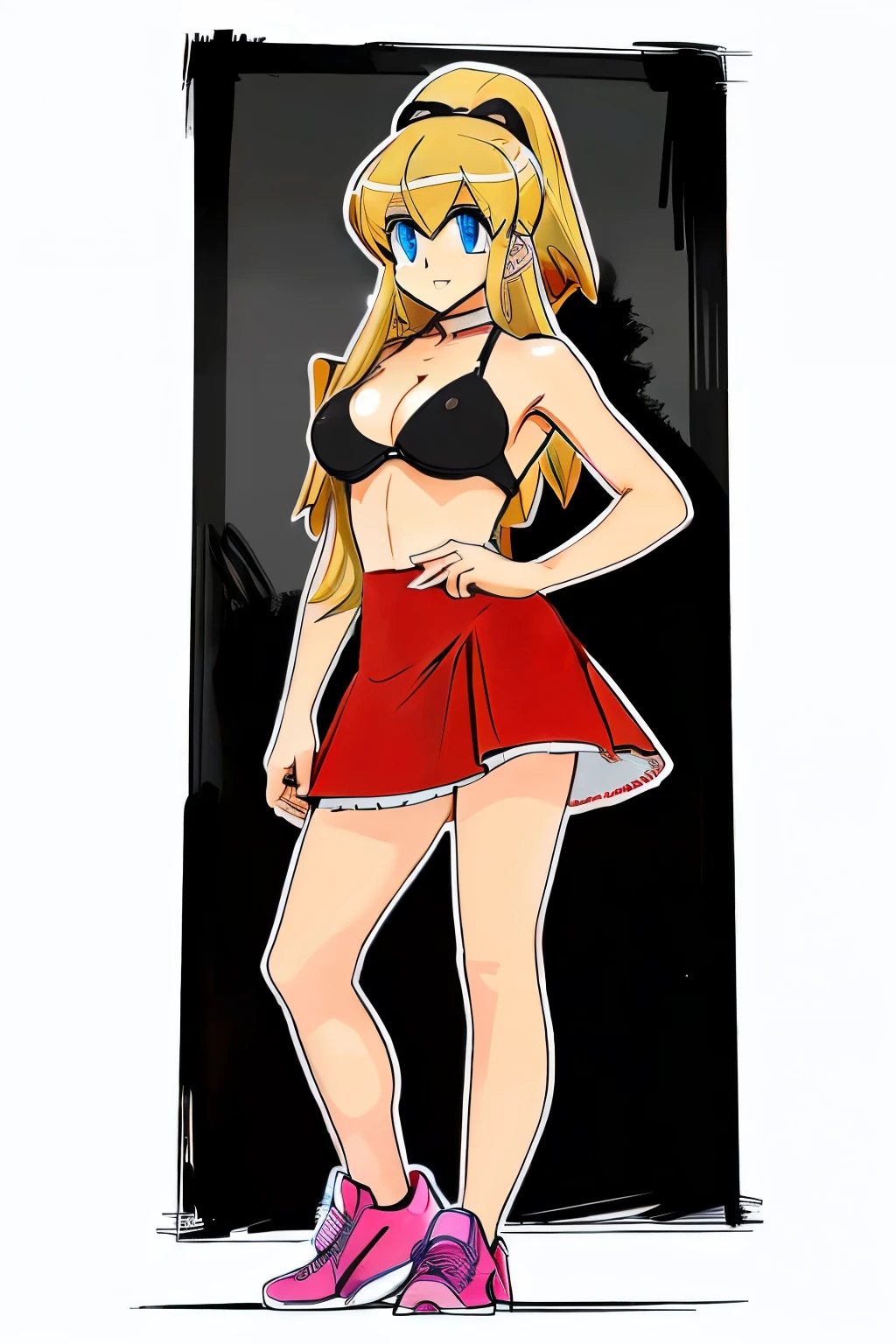 ((1girl)), Generate an illustration of a mature Roll, gym leader of megaman , (red dress), hd, holding all, de terno preto, long blonde hair, long ponytail, hair bangs, fringes, shiny hair, (small breasts:1.2), black top, buttons, outfit in anime format with a serious style, sneakers, make up, masterpiece, dark lighting, black background, puffy lips,(slendered abs), beautiful face,