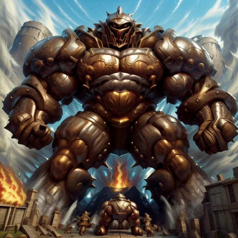 SOLO (masterpiece. official art. 8k. best quality. detailed full body. full body.)

(situation 1 : dominating Armored Flazzard. Armored Flazzard is over 1000 meters long. focus GIANT mechanical Muscular Armored Flazzard is trampling the city. Looking down. macro. stomp. Low-angle perspective. emphasizing the immense size.)

(situation 2 :smoke and flames rising from the destruction in the city)

(Additional details 1: real texture material. whole body shines like metal. emphasizes the muscles. suit fully made of metal.).

(Additional details 2: Detailed head. Detailed Body. Detailed abs. gigantic muscles. HYPER MUSCLES. Gigachad Muscular. big muscle. pecs. triceps. traps. unusually developed muscular body. body full of huge muscles. showing off muscles. pectorales enormes. Exaggeratedly huge muscles. huge muscles. long legs.).
his back he wears a golden cloak.