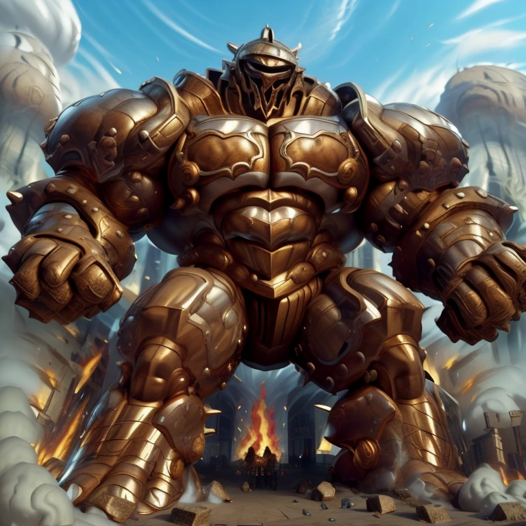 SOLO (masterpiece. official art. 8k. best quality. detailed full body. full body.)
(situation 1 : dominating Armored Flazzard. Armored Flazzard is over 1000 meters long. focus GIANT mechanical Muscular Armored Flazzard is trampling the city. Looking down. macro. stomp. Low-angle perspective. emphasizing the immense size.)
(situation 2 :smoke and flames rising from the destruction in the city)
(Additional details 1: real texture material. whole body shines like metal. emphasizes the muscles. suit fully made of metal.).
(Additional details 2: Detailed head. Detailed Body. Detailed abs. gigantic muscles. HYPER MUSCLES. Gigachad Muscular. big muscle. pecs. triceps. traps. unusually developed muscular body. body full of huge muscles. showing off muscles. pectorales enormes. Exaggeratedly huge muscles. huge muscles. long legs.).
his back he wears a golden cloak.