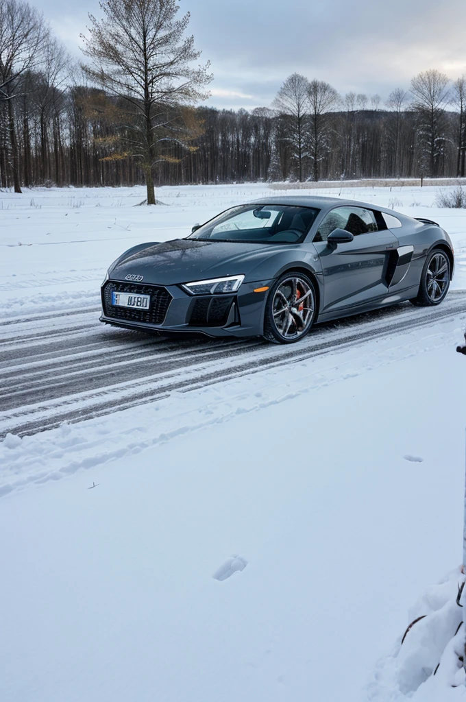 Audi R8 at the snowy road , snow on the car , snowy tree