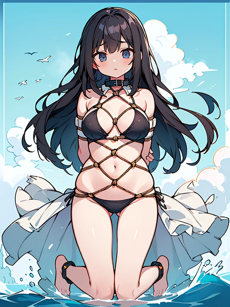 4k HD,perfect,Exquisite,girl,long black hair,Small Breasts,full body portrait,((Rope restraints, arms behind the back, hands behind the back, rope restraints, hand restraints, rope restraints, feet rope restraints, groin, slim figurecollar,in the sea)),((Swimsuit))