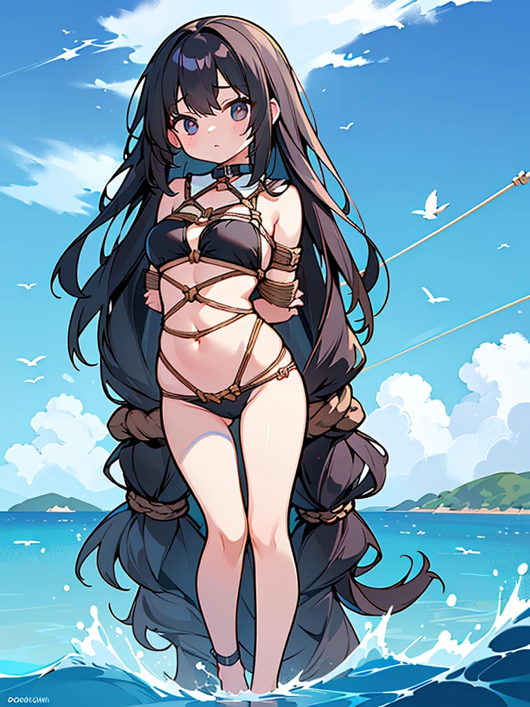 4k HD,perfect,Exquisite,girl,long black hair,Small Breasts,full body portrait,((Rope restraints, arms behind the back, hands behind the back, rope restraints, hand restraints, rope restraints, feet rope restraints, groin, slim figurecollar,in the sea)),((Swimsuit))