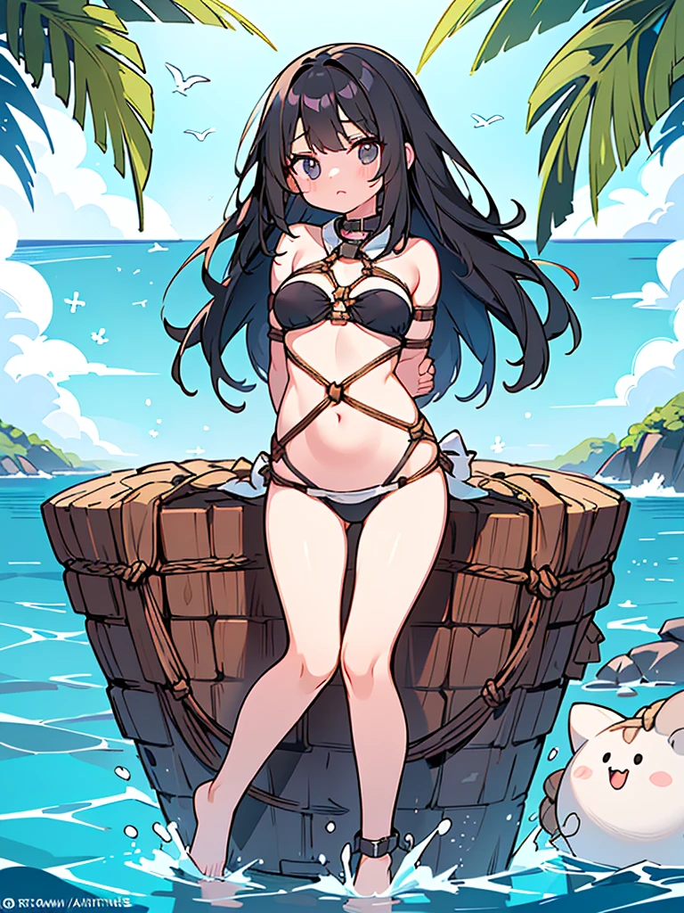 4k HD,perfect,Exquisite,girl,long black hair,Small Breasts,full body portrait,((Rope restraints, arms behind the back, hands behind the back, rope restraints, hand restraints, rope restraints, feet rope restraints, groin, slim figurecollar,in the sea)),((Swimsuit))