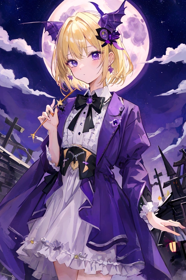 Highest quality、masterpiece、High school boys、Halloween purple image,Blonde Short Hair、full moon、Purple night sky、Boneyard