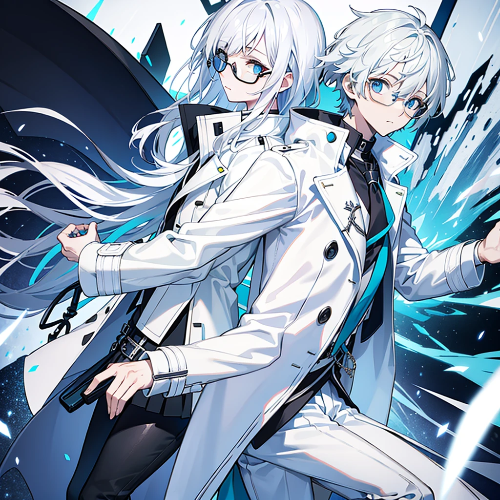White trench coat,eye glass,tmasterpiece,blue and black tones,icey,Sateen