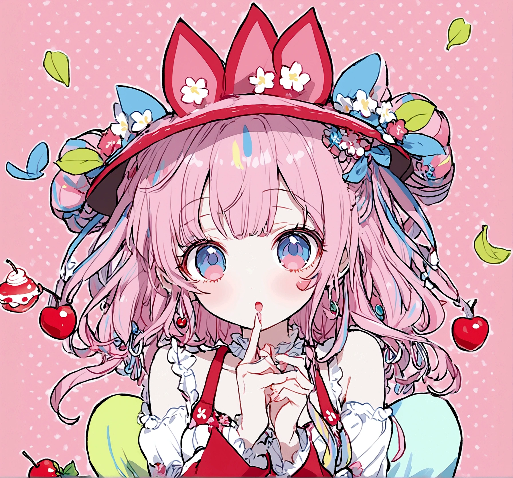 pink Candy wears a big cherry hat with a red ribbon., White dress with long sleeves, And bare feet. 彼女のpinkの前髪はさくらんぼの帽子の下から覗いていて、Each eye has three eyelashes。. Shine; Sparkling Cherry blossoms