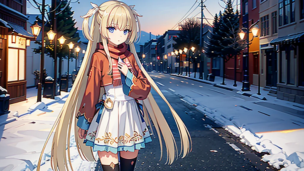 ((masterpiece)),(best quality),Official Art,Extremely detailed CG,Unity 8K wallpaper,Very detailed,Beautiful and delicate eyes,Extremely detailed face,1 girl,solitary,,(whole body:1.5),(small:1.3),，winter，Frost Circle，Light up the lights，Wish you a Happy New Year，Spring Festival，Wear a long red scarf，Red Jacket，Walking in the street，Celebrate in a warm atmosphere，Getchu Beautiful Girl Game Awards 2023 Magazine Cover