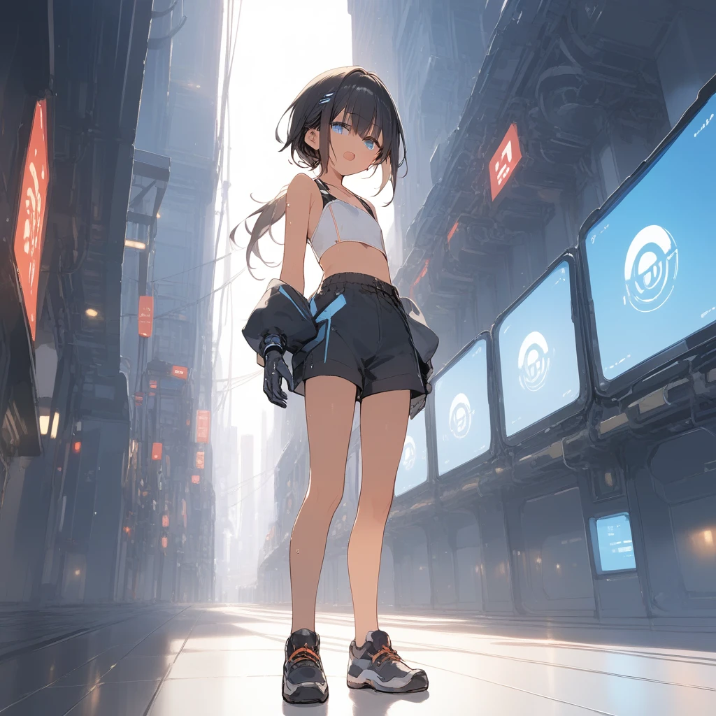 score_9, score_8_up, score_7_up, source_anime, best quality, masterpiece, official art, absurdres, highres, ultra-detailed,waifu2x,Collection: Slice of Life,break,1girl, azure eyes, cyborg girl, crop top cyborg armor, futuristic tech, tomboy, tanned-skinned female, short hair, low ponytail, flat chest, beautiful detailed eyes, sweat, open mouth, (yawn:0.3), sleepily, standing, futuristic city background, night, full body, wind, break,(clear line illustration:1.2),very high resolution, very aesthetic, super detailed skin, Best sexual lighting powered by famous artist, 8k,cute picture,beauty illustration,photoshop_(medium),,(Detailed Lighting),best anime 8k konachan wallpaper, pixiv contest winner,