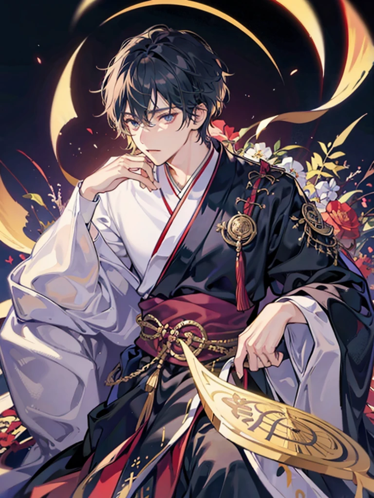 male、dark、front、One person、Throne、Japanese、Single color background