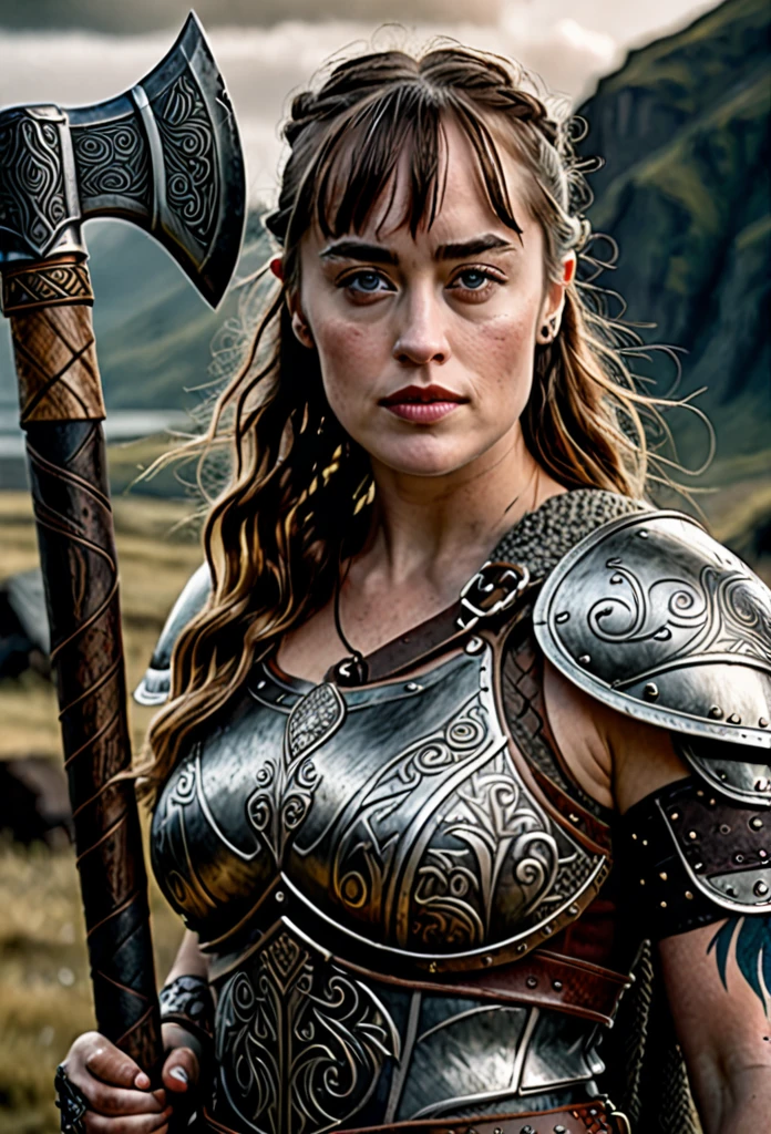a beautiful viking warrior woman with many facial tattoos, Dakota Johnson, holding an axe, detailed portrait, cinematic lighting, dramatic pose, intricate armor, rugged landscape, muted color palette, realistic, photorealistic, 8k, high quality, hyper detailed, masterpiece