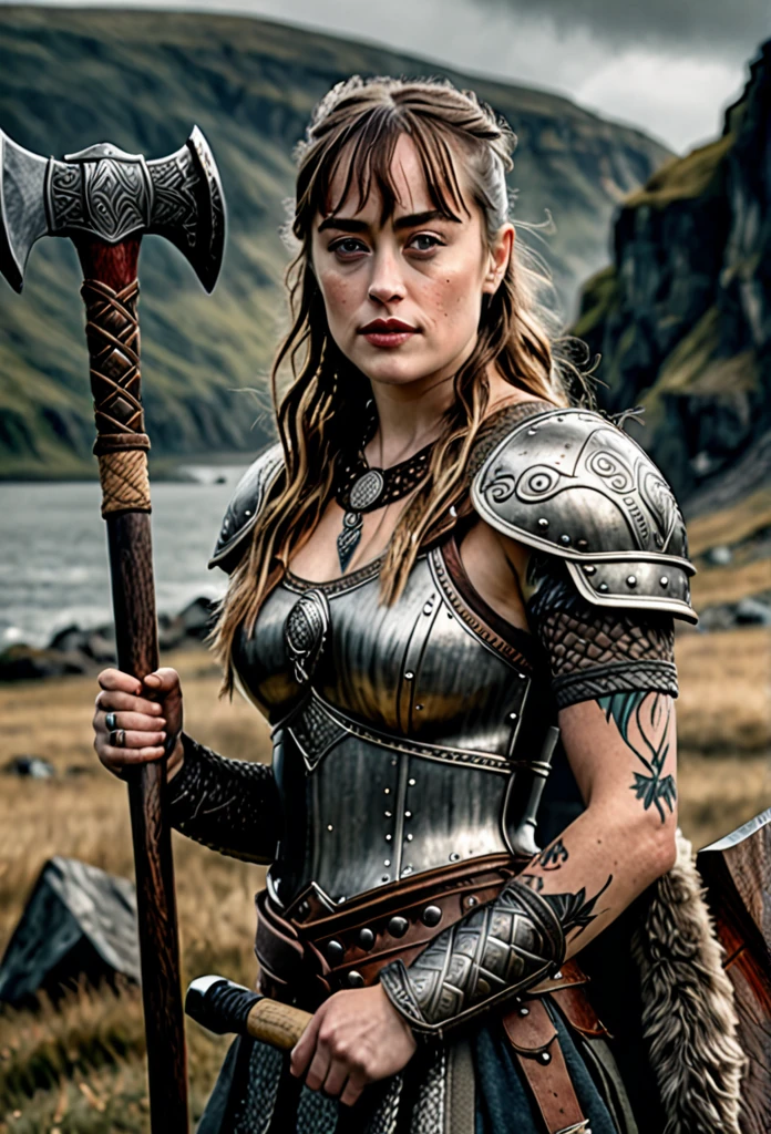 a beautiful viking warrior woman with many facial tattoos, Dakota Johnson, holding an axe, detailed portrait, cinematic lighting, dramatic pose, intricate armor, rugged landscape, muted color palette, realistic, photorealistic, 8k, high quality, hyper detailed, masterpiece