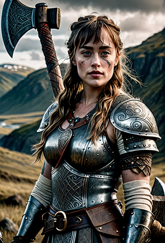 a beautiful viking warrior woman with many facial tattoos, Dakota Johnson, holding an axe, detailed portrait, cinematic lighting, dramatic pose, intricate armor, rugged landscape, muted color palette, realistic, photorealistic, 8k, high quality, hyper detailed, masterpiece