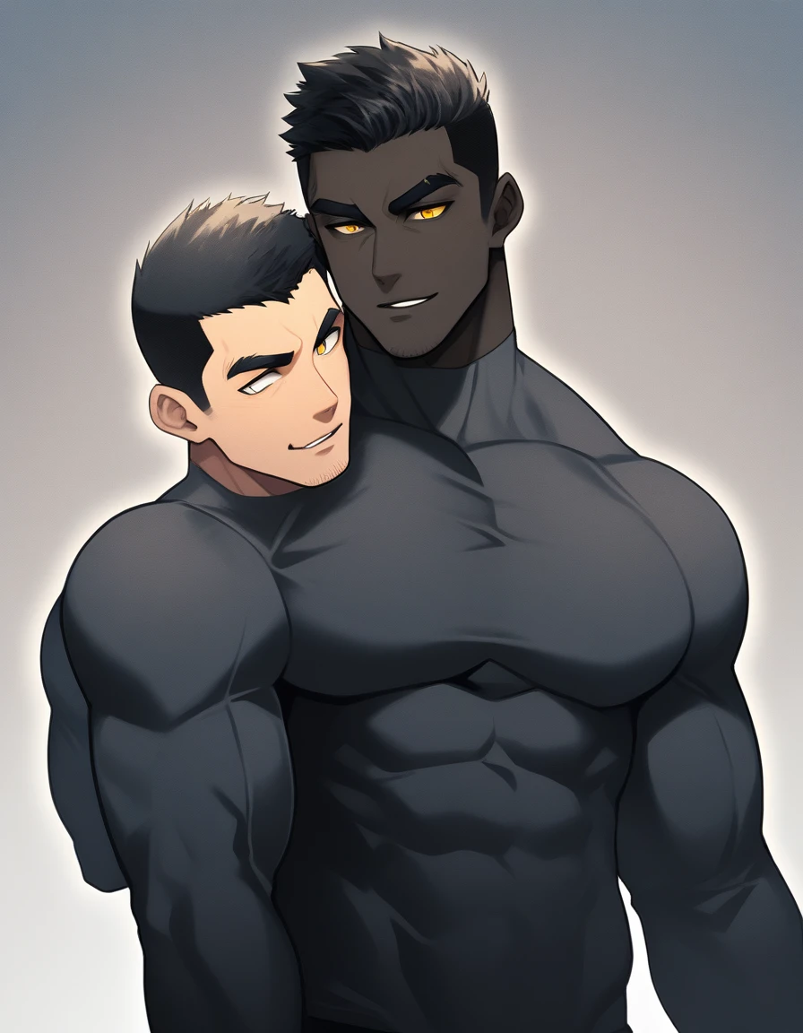 anime characters:Two superheroes in tights, Muscle superhero, negro black skin, They hugged and kissed each other, Bite your neck, Caress, Manliness, male focus, Yellow and black high collar long sleeve tight T-shirt, Slightly transparent material, Matte texture, Matte texture highlights, Very tight, Round, full and perky chest muscles, Muscle waist, Slightly transparent, muscular male, muscular, only, Upper body, alone, Black short hair, Thick eyebrows, stubble, Yellow eyes, Grey background, simple background, amazing quality, best aesthetics, Ridiculous, bright pupils, crew cut, parted lips, seductive smile, torogao, naughty face, drop shadow, best quality