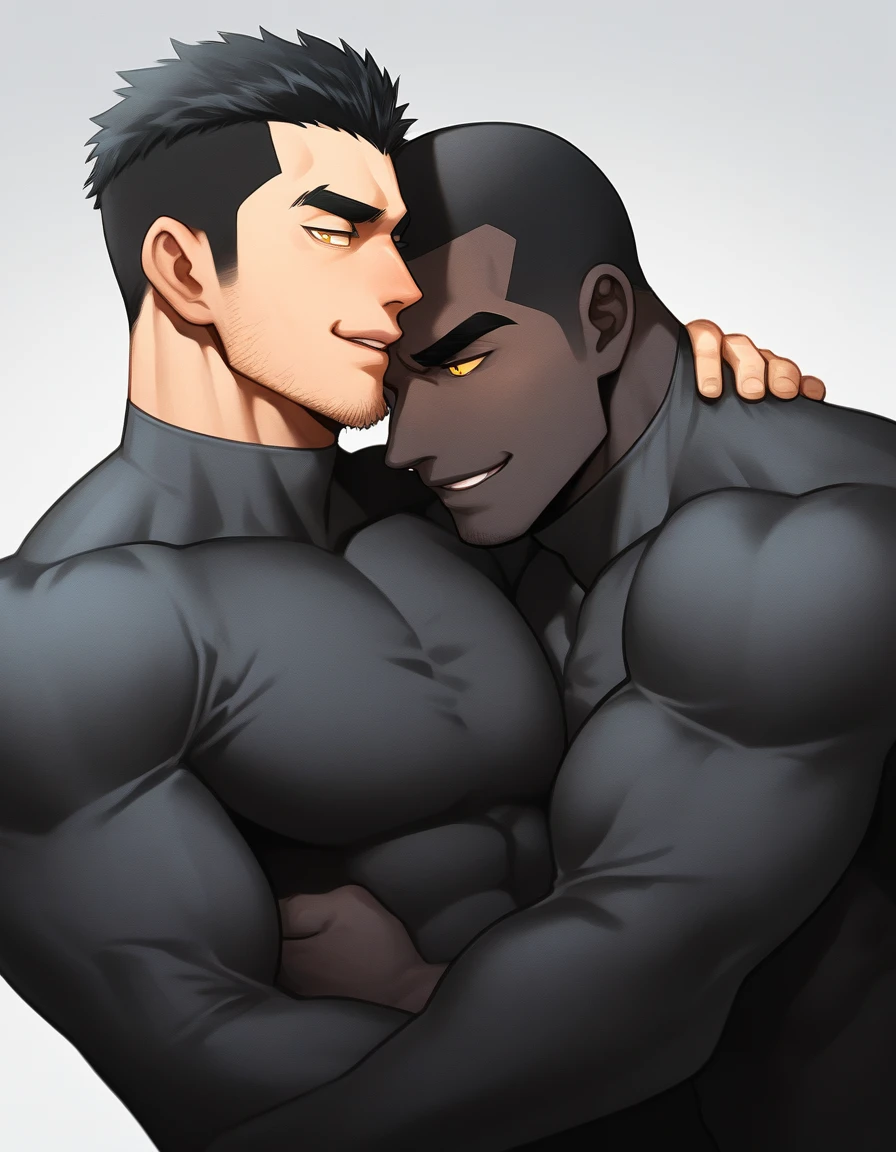 anime characters：Two superheroes in tights, Muscle superhero, negro black skin, They hugged and kissed each other, Bite your neck, Caress, Manliness, male focus, Yellow and black high collar long sleeve tight T-shirt, Slightly transparent material, Matte texture, Matte texture highlights, Very tight, Round, full and perky chest muscles, Muscle waist, Slightly transparent, muscular male, muscular, only, Upper body, alone, Black short hair, Thick eyebrows, stubble, Yellow eyes, Grey background, simple background, amazing quality, best aesthetics, Ridiculous, bright pupils, crew cut, parted lips, seductive smile, torogao, naughty face, drop shadow, best quality