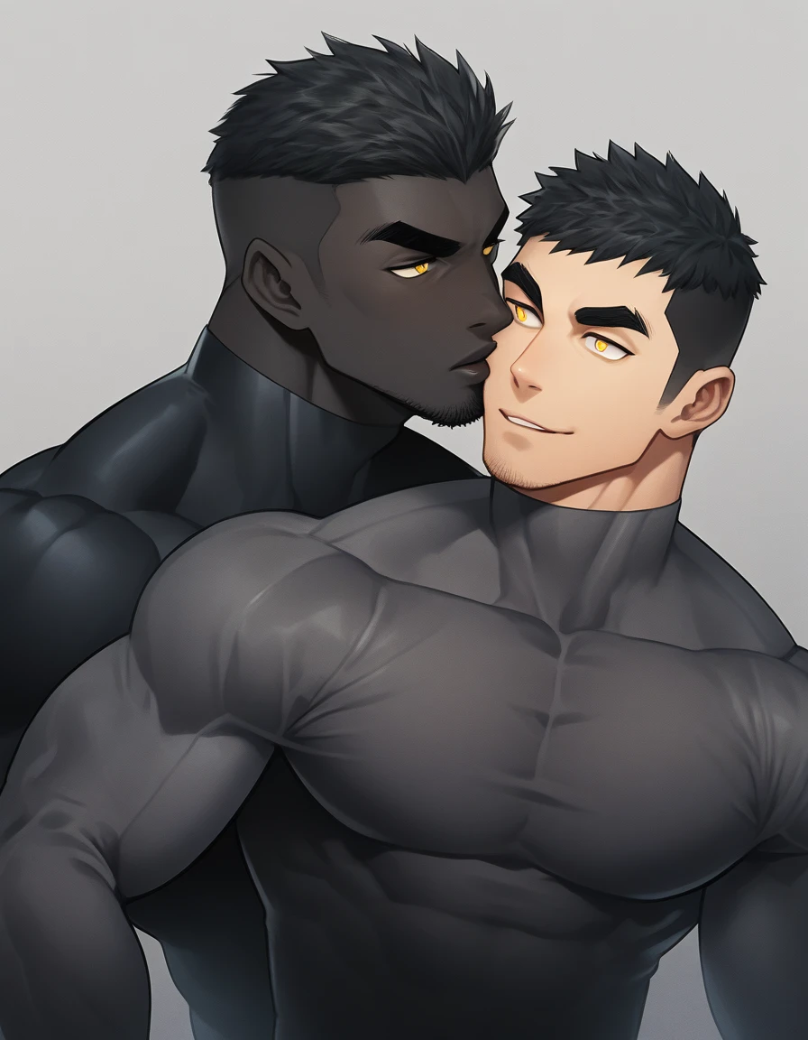 anime characters：Two superheroes in tights, Muscle superhero, negro black skin, They hugged and kissed each other, Bite your neck, Caress, Manliness, male focus, Yellow and black high collar long sleeve tight T-shirt, Slightly transparent material, Matte texture, Matte texture highlights, Very tight, Round, full and perky chest muscles, Muscle waist, Slightly transparent, muscular male, muscular, only, Upper body, alone, Black short hair, Thick eyebrows, stubble, Yellow eyes, Grey background, simple background, amazing quality, best aesthetics, Ridiculous, bright pupils, crew cut, parted lips, seductive smile, torogao, naughty face, drop shadow, best quality