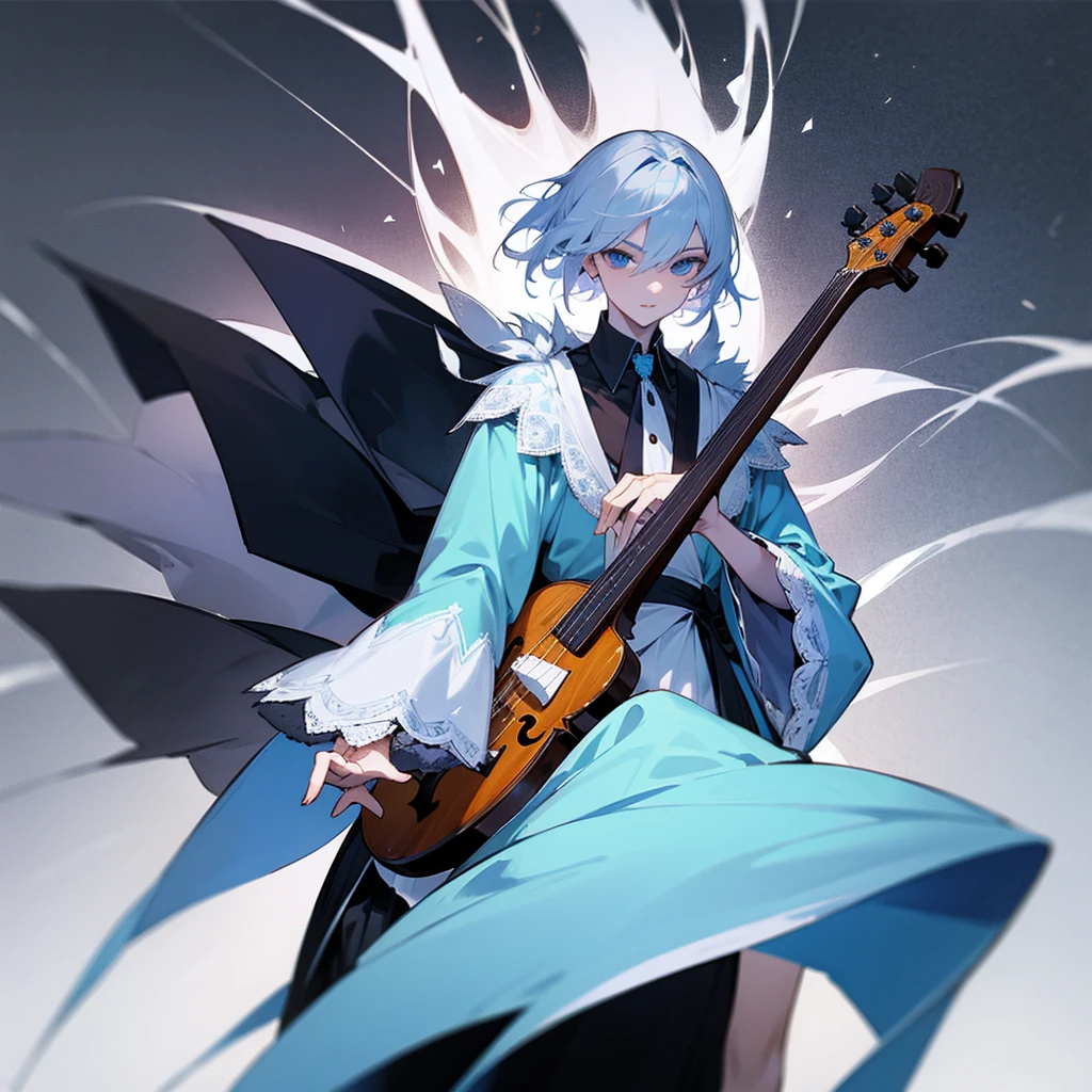 a handsome man with silver hair, blue eyes, White skin, Dress elegantly, With velvet cloaks and lace shirts playing the violin, while a beautiful woman sits watching him with hazel eyes, black hair, White skin, elegant blue silk dress