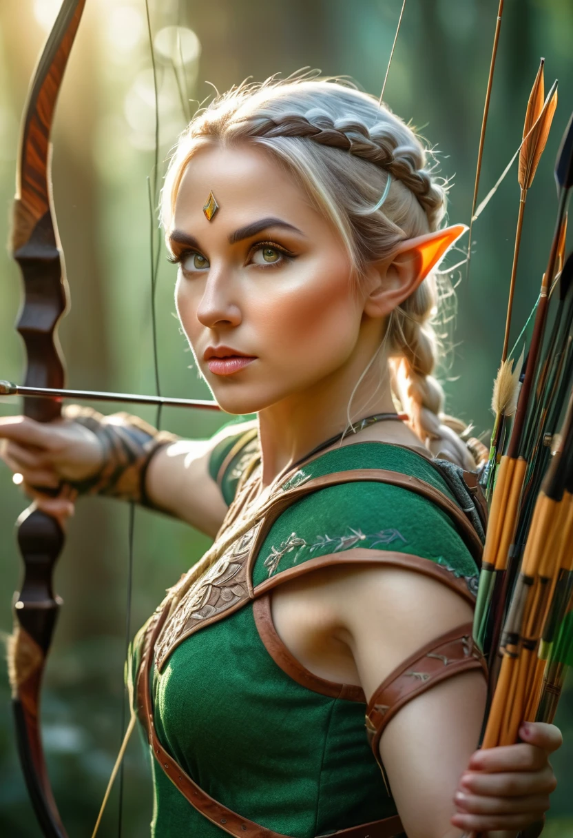a detailed portrait of a female elf archer, beautiful detailed eyes, beautiful detailed lips, extremely detailed eyes and face, long eyelashes, perfect skin, intricate fantasy costume, holding a longbow, quiver of arrows on her back, forest background, sunlight filtering through the trees, dramatic lighting, warm color palette, detailed textures, cinematic composition, masterpiece, hyper realistic, photorealistic, 8k, high quality
