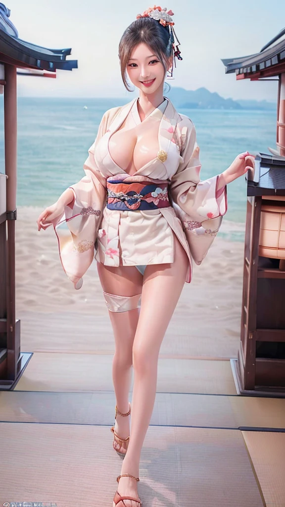 Highest quality,8Kのmasterpiece,Super detailed,超A high resolution,High resolution,Super Beauty,The beauty of raw photography:2.0,
((Ultra-Realistic Details)),Very intricate detail,(Photographed from the front:1.6),Depth of written boundary,
High background image quality,Full body description,(Realistic:1.5),(masterpiece:1.5),
(Perfect figure:1.5),(View from the front:1.9),Accurate,Anatomically correct,
(((Oily skin:1.8,Glowing Skin 1.5,Glowing Skin))),
Looking into the camera,Realistic:1.9,She wears a vibrant kimono decorated with intricate patterns and a wide sash.,
Gorgeous embroidered kimono,((A kimono with a wide open chest:1.5)),
(((Japanese Kimono:1.5))),((((1 female:1.9,solo)))),Colorful kimonos,
Wear a swimsuit under your kimono,
25 year old adult Japanese woman,Beautiful Hair,Delicate and beautiful face,Eye and facial details,Shining Eyes,
Symmetrical eyes,Beautiful light brown eyes,double eyelid,Thin eyebrows,(Glossy Lips:1.8),(blush:1.2),
(((Bursting Big Breasts:1.5,Don&#39;t show your areola,Cleavage:1.6))),
Huge breasts,Large Breasts,tits,The lower half of the body is hidden by the kimono and cannot be seen.,
Show off your chest to the audience,(Ultra-slim waist),Toned Abs,
Slim thighs,Narrow waist,Soft skin body,
Long black hair,Random hairstyle,
(((Best Smile:1.9,Smiling and showing white teeth))),
Height 175ｃｍ,Midsummer Beach,Woman happily running on the beach,