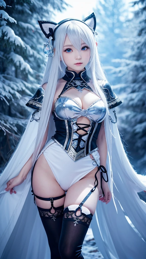 Age: .Vocaloid ~ Mortal Kombat ~ V - Tuber ~ Hello Kitty ~ Darkest Dungeon ~ ice priestess with long white hair, icy white eyes. wearing a fantasy glowing ornate armored priestess outfit, and thigh highs. standing in an icy forest. anime waifu. Stylish. Cute, hot, shiny. highly detailed, uhd anime wallpaper, digital cel animation